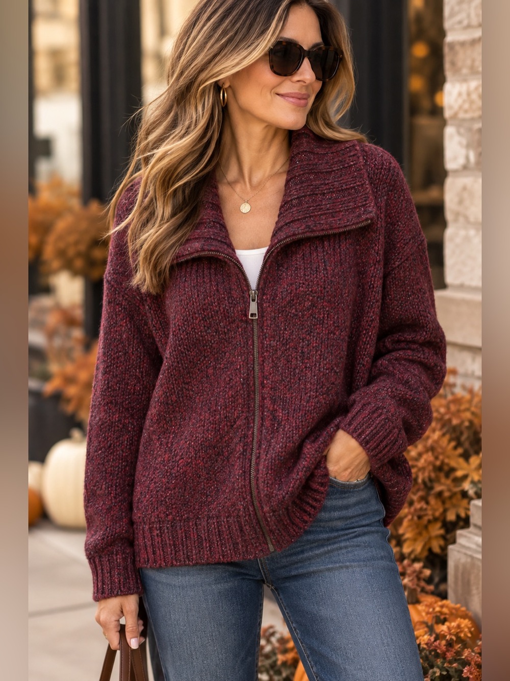 Pendleton Women’s Burgundy Marled Wool Blend Zip Sweater Cardigan XL